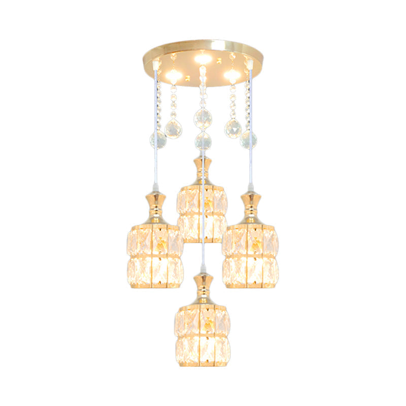 Modern Crystal Cylinder Pendant Light Fixture - Gold 4-Bulb Hanging Lamp Kit