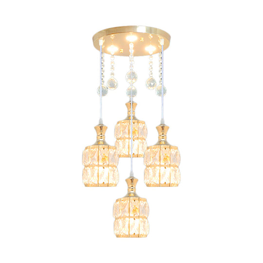Modern Gold Crystal Block Cylinder Pendant Light Fixture - 4-Bulb Hanging Lamp Kit