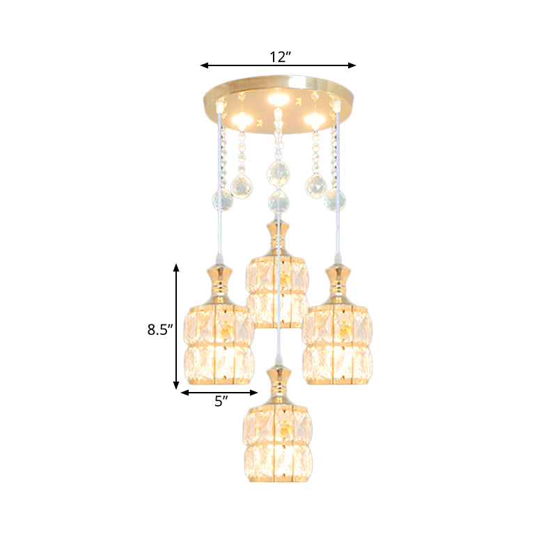 Modern Gold Crystal Block Cylinder Pendant Light Fixture - 4-Bulb Hanging Lamp Kit