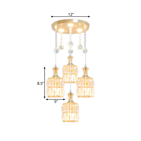 Modern Gold Crystal Block Cylinder Pendant Light Fixture - 4-Bulb Hanging Lamp Kit