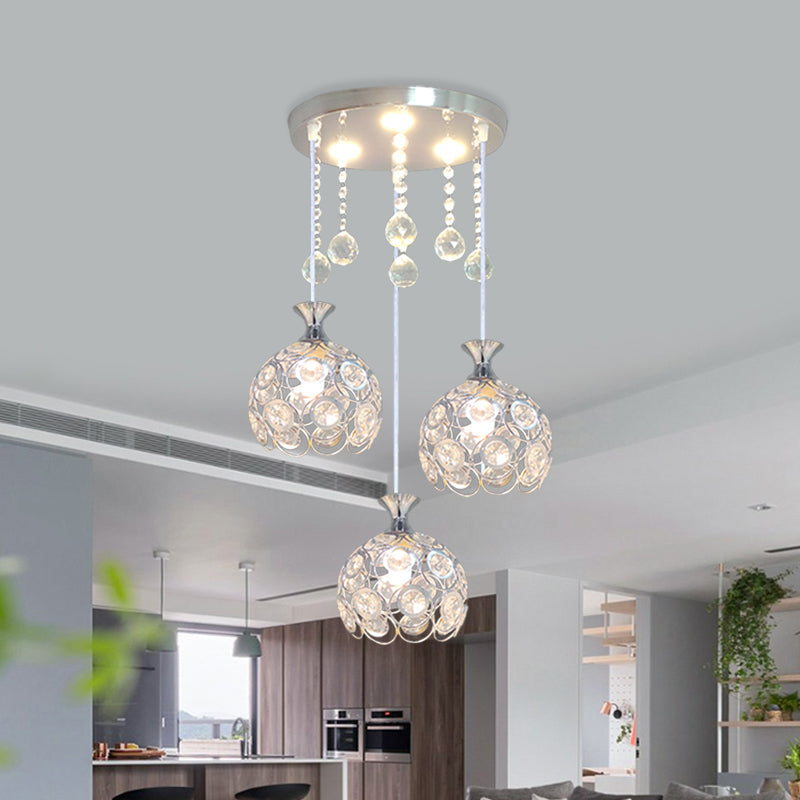 Modern 3-Head Silver Pendant Light With Crystal-Encrusted Dome Shade For Dining Room
