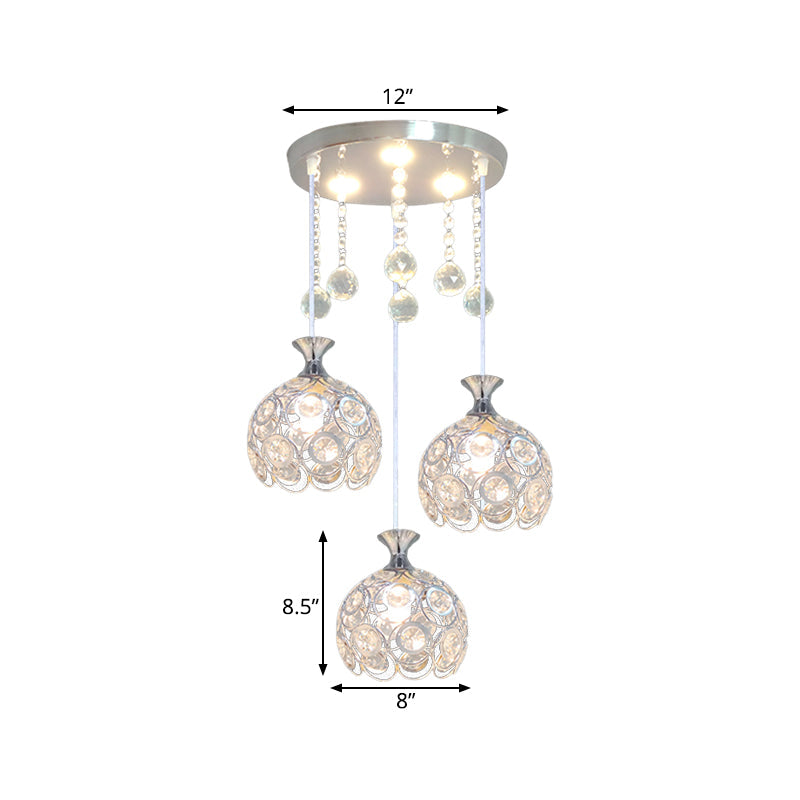Silver Finish Modern 3-Head Dining Room Pendant Light With Crystal-Encrusted Dome Shade