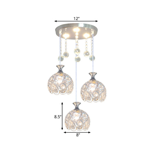 Silver Finish Modern 3-Head Dining Room Pendant Light With Crystal-Encrusted Dome Shade