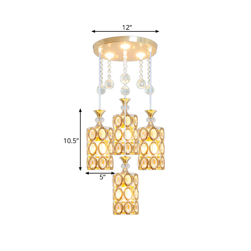 Gold Modernist 4-Light Pendant Lamp With Crystal Encrusted Cylinder Design