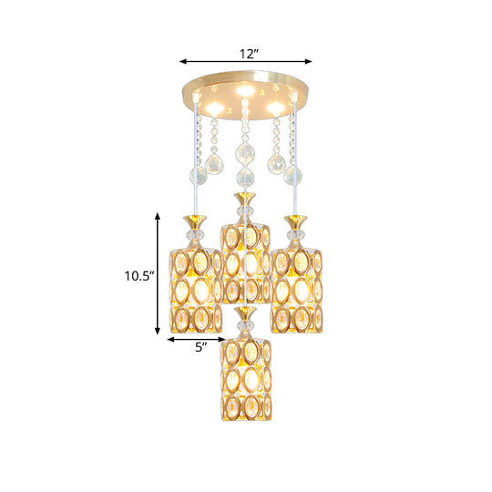 Gold Modernist 4-Light Pendant Lamp With Crystal Encrusted Cylinder Design