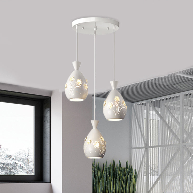 Modern 3-Head Iron Pendant Light With Laser Cut Flower Design - White Wine Can Shape Multi Hanging