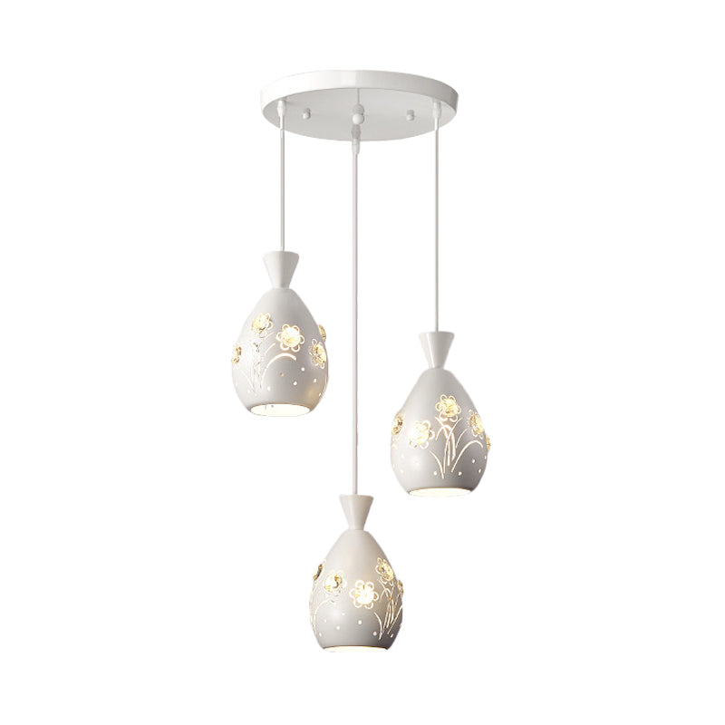 Modern White Wine Can-Shaped Pendant Light With Laser Cut Flower Design - Multi-Head Iron Hanging