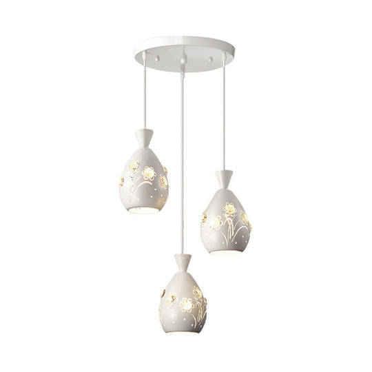 Modern White Wine Can-Shaped Pendant Light With Laser Cut Flower Design - Multi-Head Iron Hanging