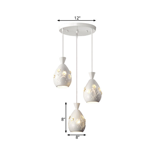 Modern White Wine Can-Shaped Pendant Light With Laser Cut Flower Design - Multi-Head Iron Hanging
