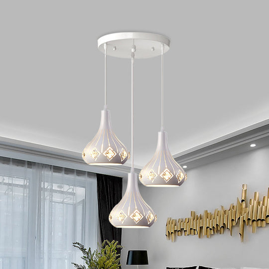 Contemporary Urn Pendant Light With Crystal Accent - 3-Bulb Metal Ceiling Lamp In White For
