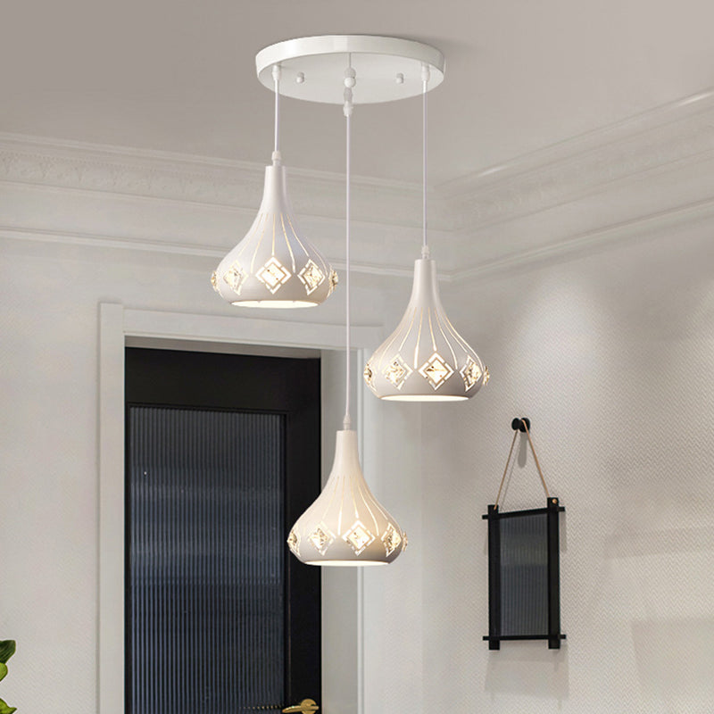 Modern Metal Urn Pendant Light With Crystal Accent - White 3-Bulb Ceiling Lamp For Restaurants