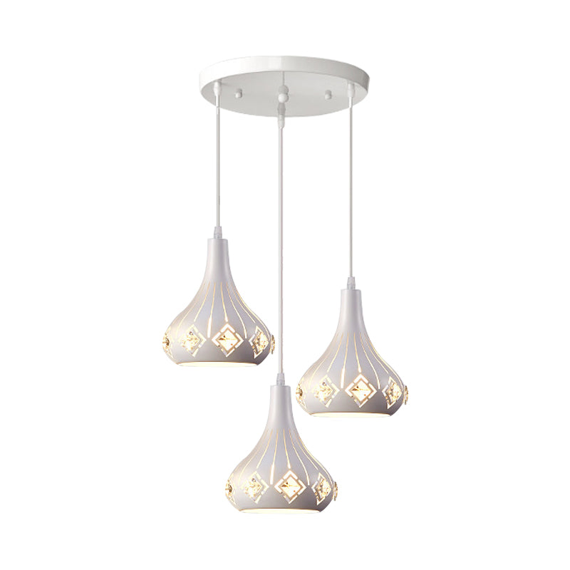 Contemporary Urn Pendant Light With Crystal Accent - 3-Bulb Metal Ceiling Lamp In White For