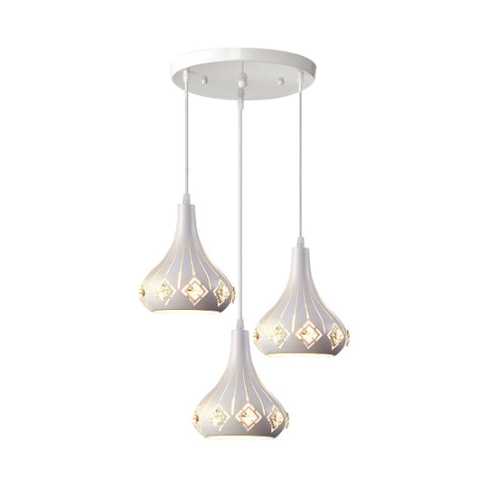 Contemporary Urn Pendant Light With Crystal Accent - 3-Bulb Metal Ceiling Lamp In White For