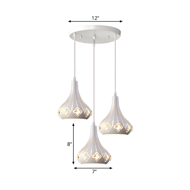 Contemporary Urn Pendant Light With Crystal Accent - 3-Bulb Metal Ceiling Lamp In White For