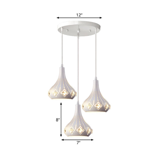 Contemporary Urn Pendant Light With Crystal Accent - 3-Bulb Metal Ceiling Lamp In White For