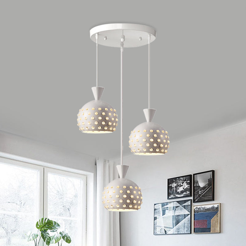 White Domed Multi-Pendant Iron Ceiling Lamp With Crystal Bead Design - Modernist 3-Light Fixture For