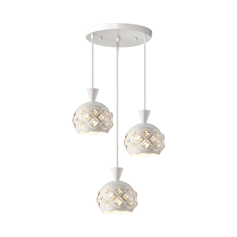 Modern Iron Domed Suspension Light - 3-Light Crystal Ceiling Lamp In White