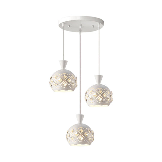 Modern Iron Domed Suspension Light - 3-Light Crystal Ceiling Lamp In White