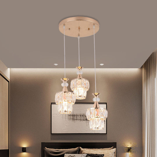 Modern Gold Cluster Pendant Light - 2 Layers 3-Head Beveled Crystal Blocks
