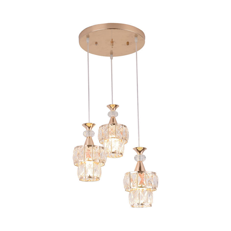 Modern Gold Cluster Light Pendant With Beveled Crystal Blocks - 2 Layers 3-Head Hanging Lamp Kit