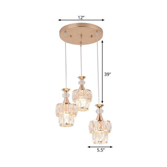 Modern Gold Cluster Pendant Light - 2 Layers 3-Head Beveled Crystal Blocks