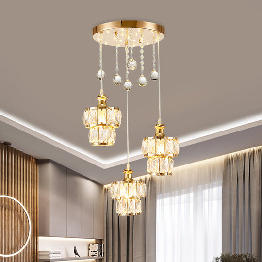 Minimalist 2-Tier Crystal Pendulum Light With 3-Bulb Gold Finish - Multi Pendant Droplet Design