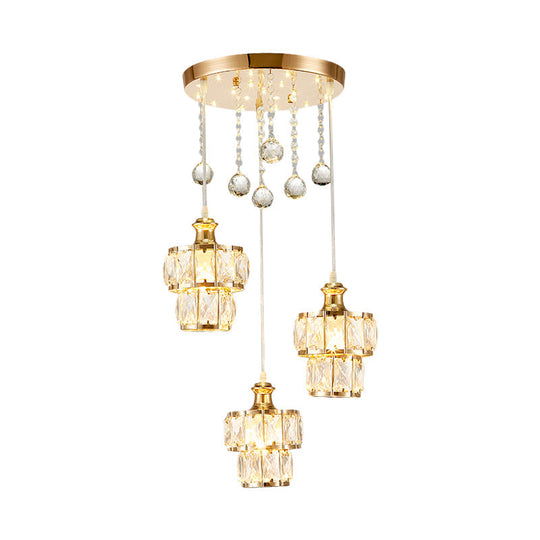 Minimalist 2-Tier Crystal Pendulum Light With 3-Bulb Gold Finish - Multi Pendant Droplet Design