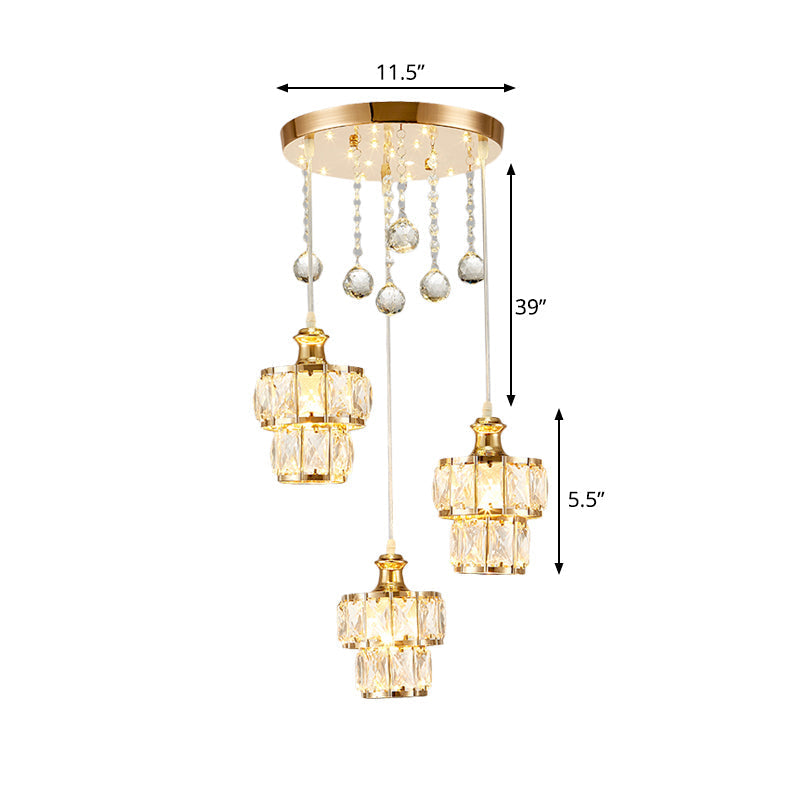 Minimalist 2-Tier Gold Pendant Light With Faceted Crystal Blocks 3-Bulb Design & Droplet Accents