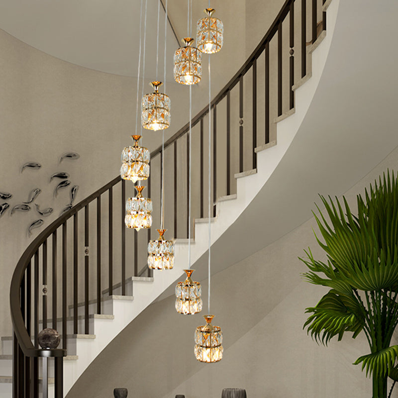 Modern Crystal Block 8-Light Pendant With Gold Cylindrical Pendulum