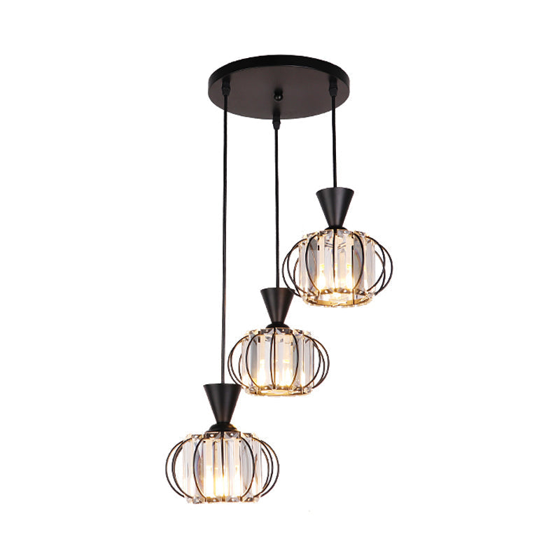Modern Iron Ellipse Cage Ceiling Lamp With Crystal Prisms - 3-Bulb Black Finish Pendant