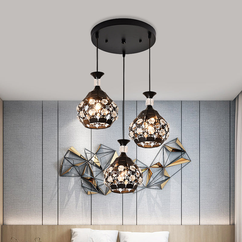 Modern Black Hollow Floret Pendant With Crystal Embellishments - 3 Lights Suspension Lamp
