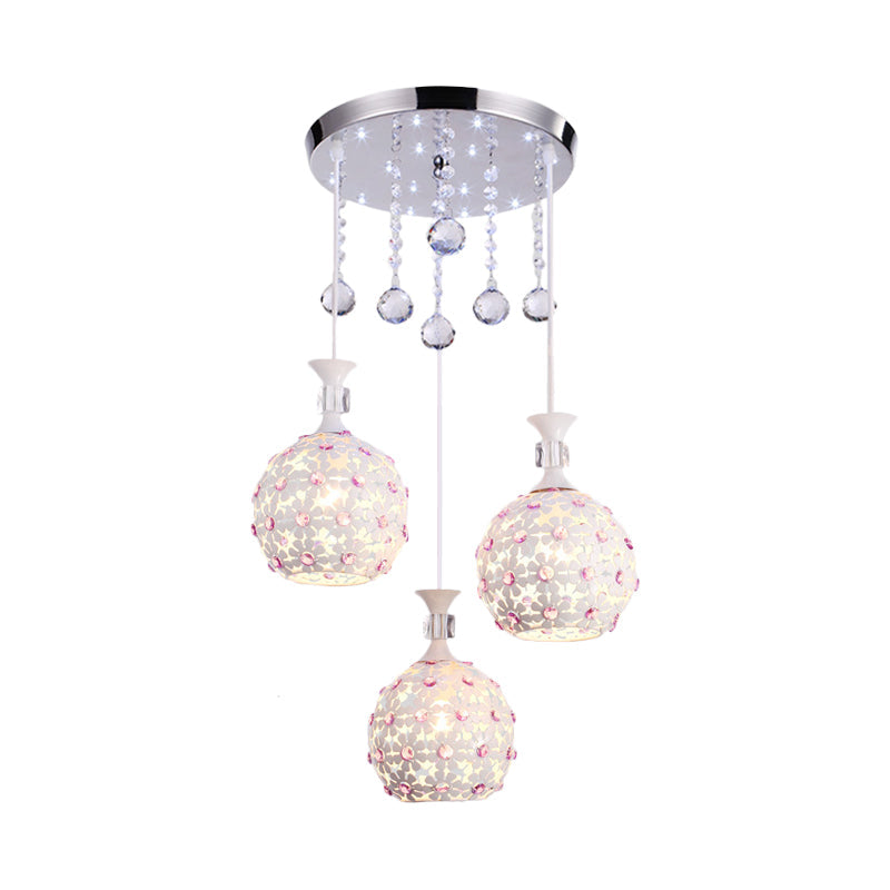 Contemporary 3-Head White Floret Pendulum Light Pendant With Crystal Droplet Accent