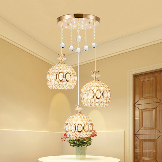 Gold Dome Multi-Pendant Light With Crystal Encrusted Modernist Design - 3 Bulbs