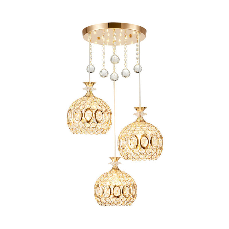 Modern Crystal Dome Pendant Light With 3 Bulbs Gold Finish