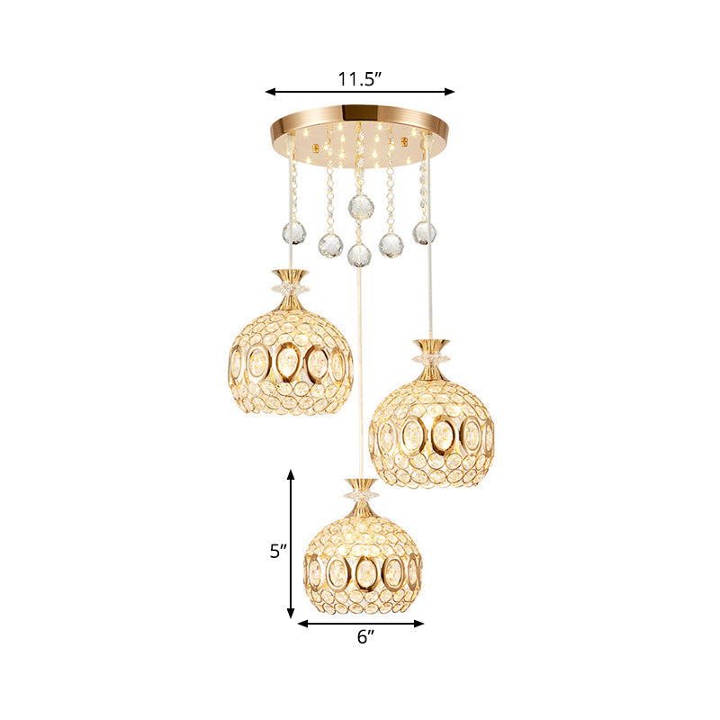 Modern Crystal Dome Pendant Light With 3 Bulbs Gold Finish