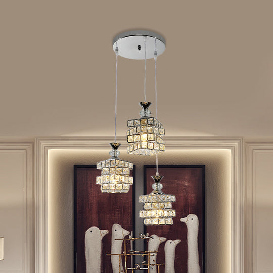 Sleek 3-Head Crystal Block Pendant Lamp - Modern 4-Layer Design Silver Finish Multi Ceiling Light