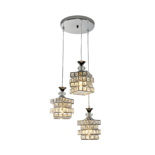 Sleek 3-Head Crystal Block Pendant Lamp - Modern 4-Layer Design Silver Finish Multi Ceiling Light