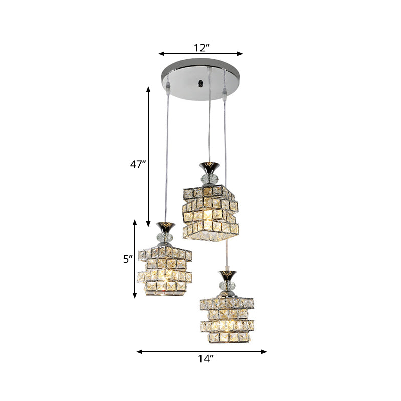 Crystal Block 3-Head Pendant Light Fixture With Silver Finish And Multi-Ceiling Design
