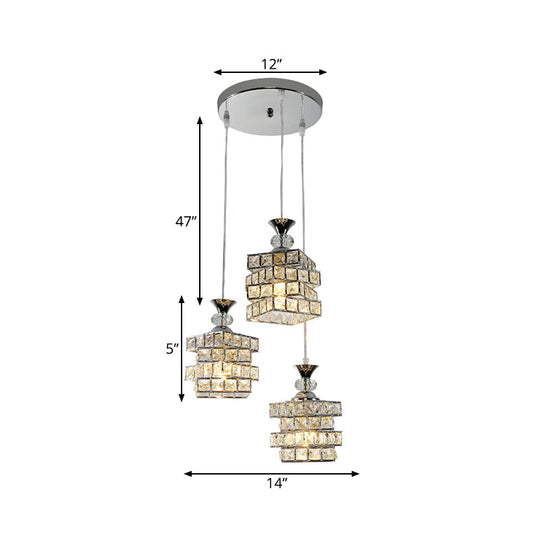 Crystal Block 3-Head Pendant Light Fixture With Silver Finish And Multi-Ceiling Design