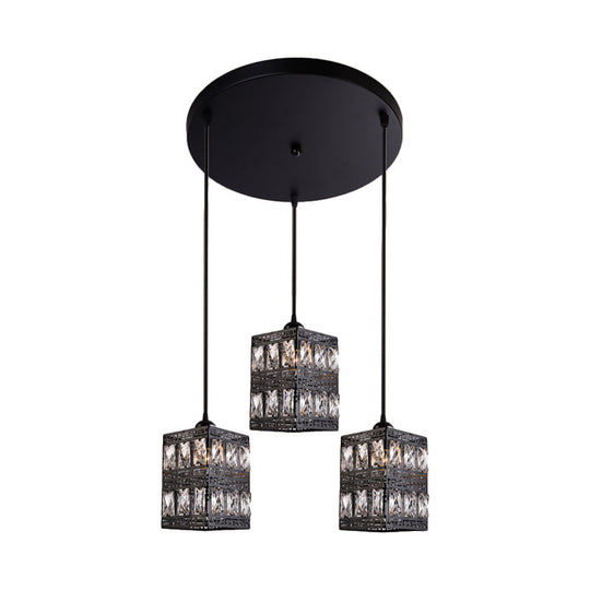 Modernist Crystal Block Cuboid Pendulum Light - 3-Light Black Finish Hanging Lamp