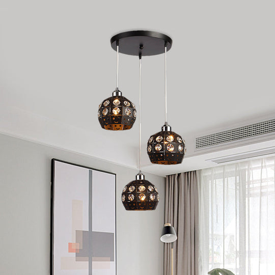 Modern Black Crystal Dome Dining Room Suspension Light With 3 Embedded Pendant Lamp Heads