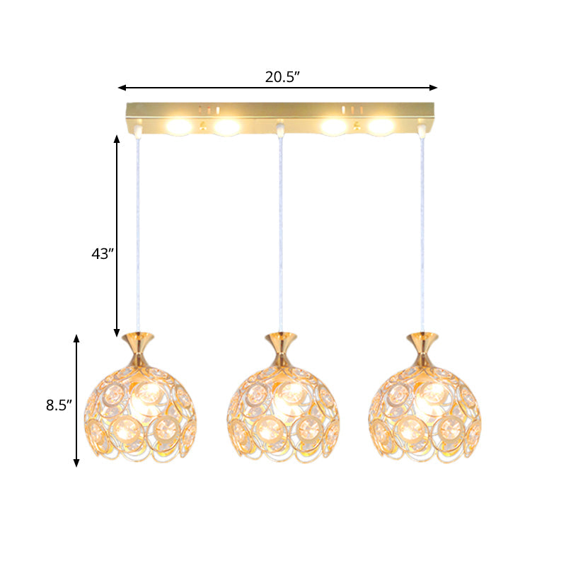 Gold Crystal-Encrusted 3-Bulb Pendulum Pendant Lamp - Modern Dining Room Fixture