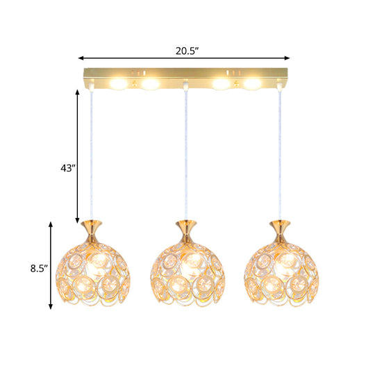 Gold Crystal-Encrusted 3-Bulb Pendulum Pendant Lamp - Modern Dining Room Fixture