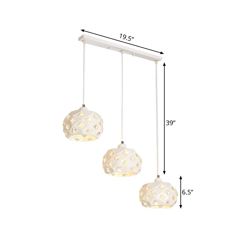 Modernist Iron Drum Down Lighting Pendant Lamp With Crystal Accents - 3 Lights White Finish