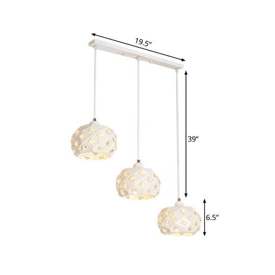 Modernist Iron Drum Down Lighting Pendant Lamp With Crystal Accents - 3 Lights White Finish