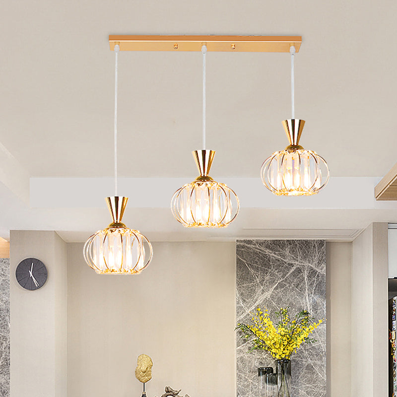 Modern Gold Oval Cage Suspension Light With Crystal Prisms - 3-Head Multi-Hanging Lamp