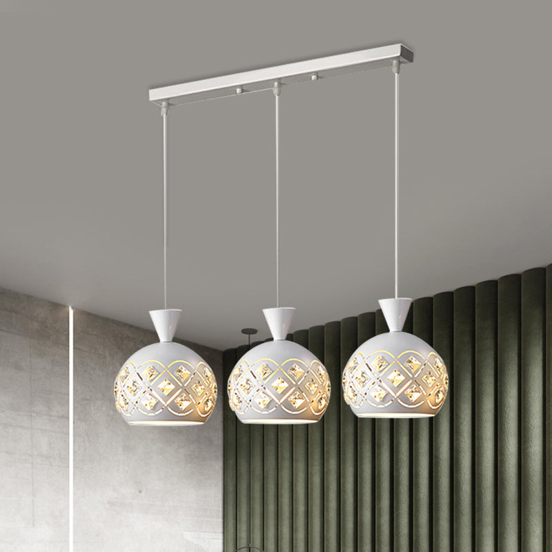 Modern Crystal Cluster Pendant Light With 3 Iron Domed Shades In White