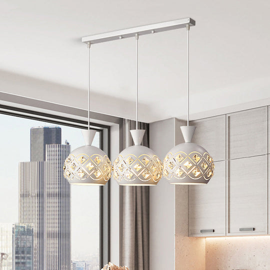 Modern Crystal Cluster Pendant Light With 3 Iron Domed Shades In White