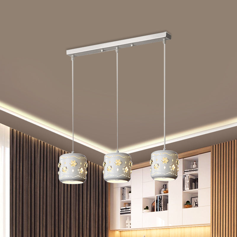 Modern Flower Crystal Pendant Light With Small Drum Cluster And 3 Bulbs In White