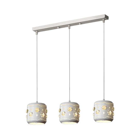 Modern Flower Crystal Pendant Light With Small Drum Cluster And 3 Bulbs In White